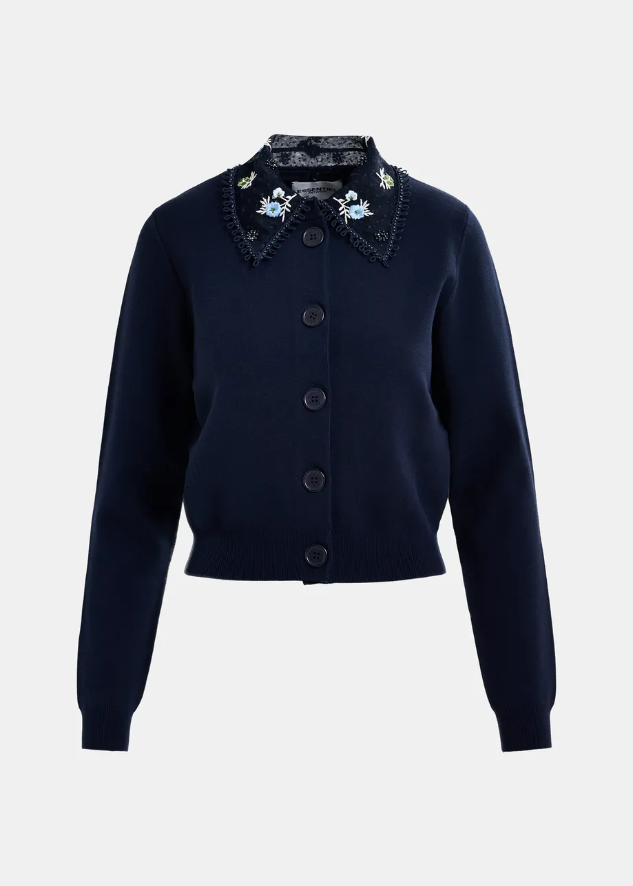 Dark blue, white and light blue cardigan with embroidered lace collar