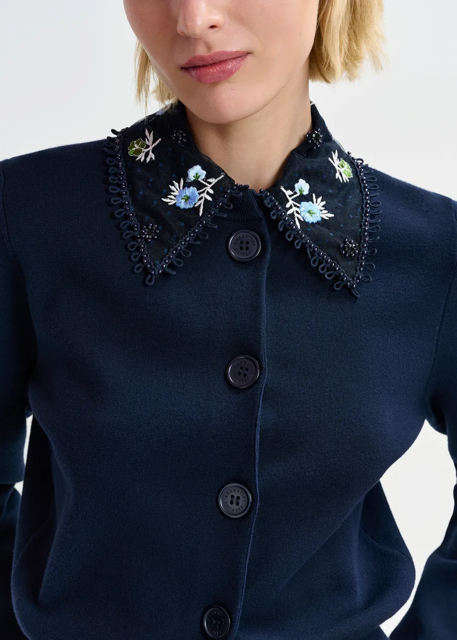 Dark blue, white and light blue cardigan with embroidered lace collar