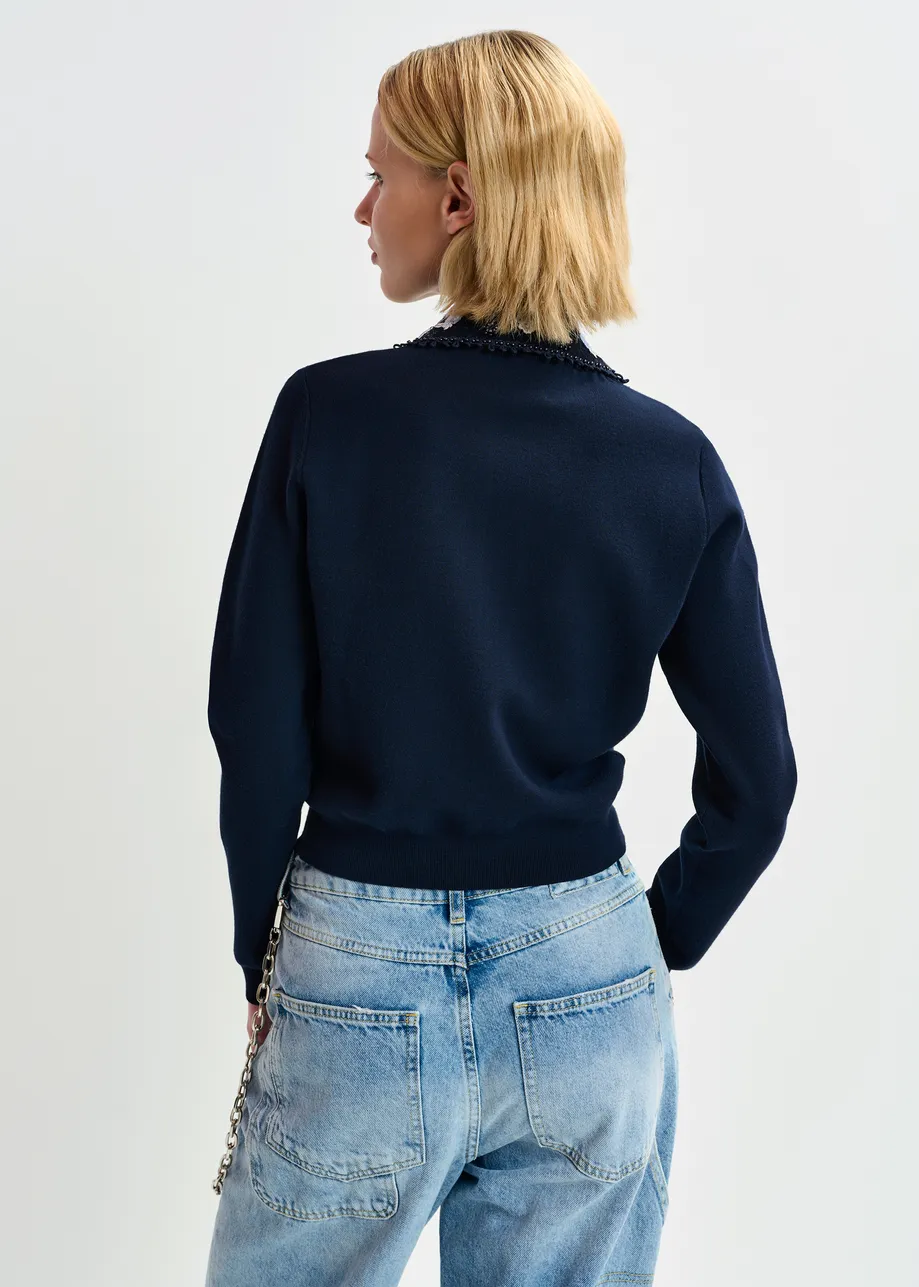 Dark blue, white and light blue cardigan with embroidered lace collar