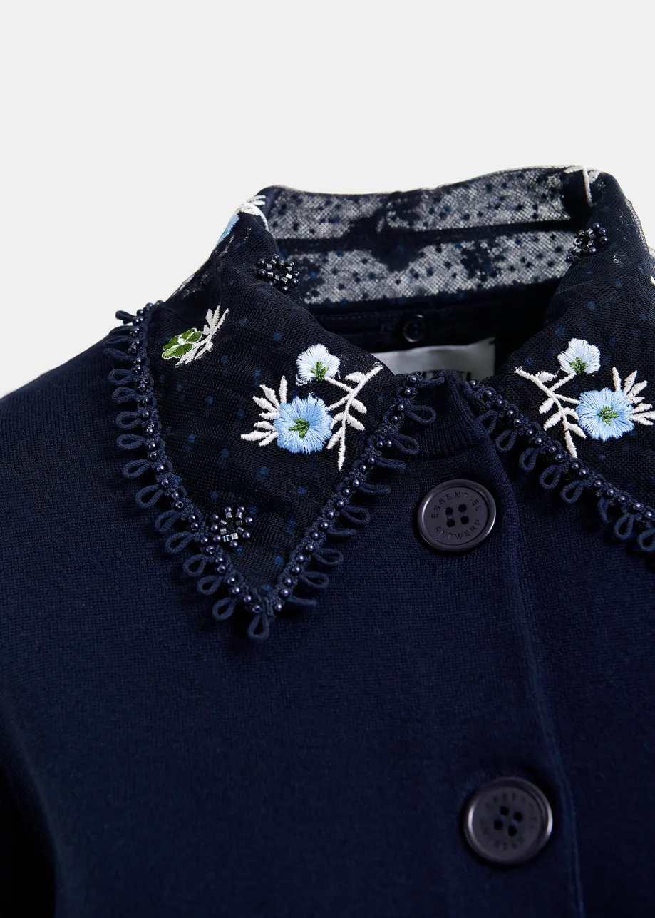 Dark blue, white and light blue cardigan with embroidered lace collar