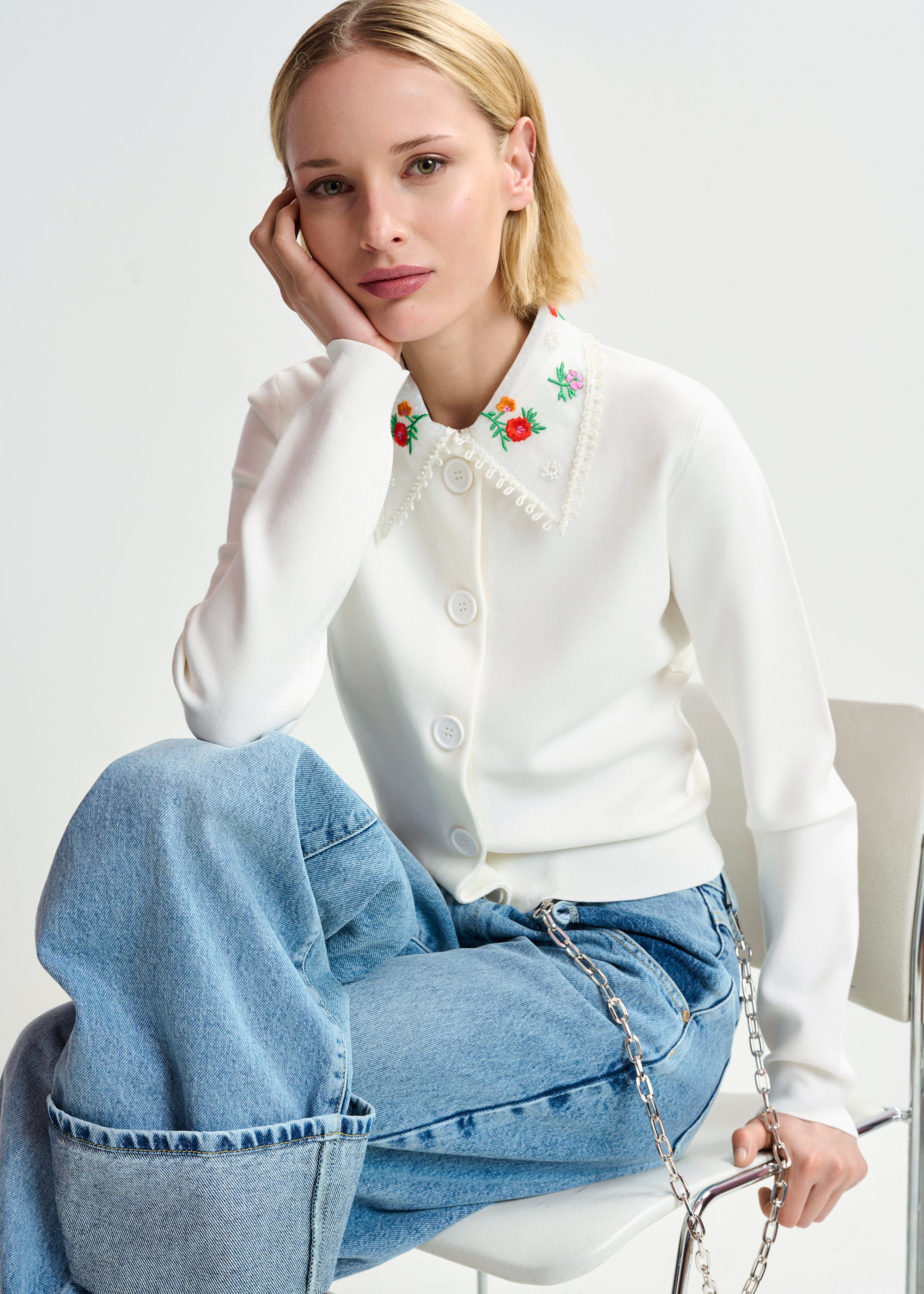 カーディガン lace collar e button check knit cardigan For Love & Lemons Daniela Knit Cardigan by For Love & Lemons - Pickle
