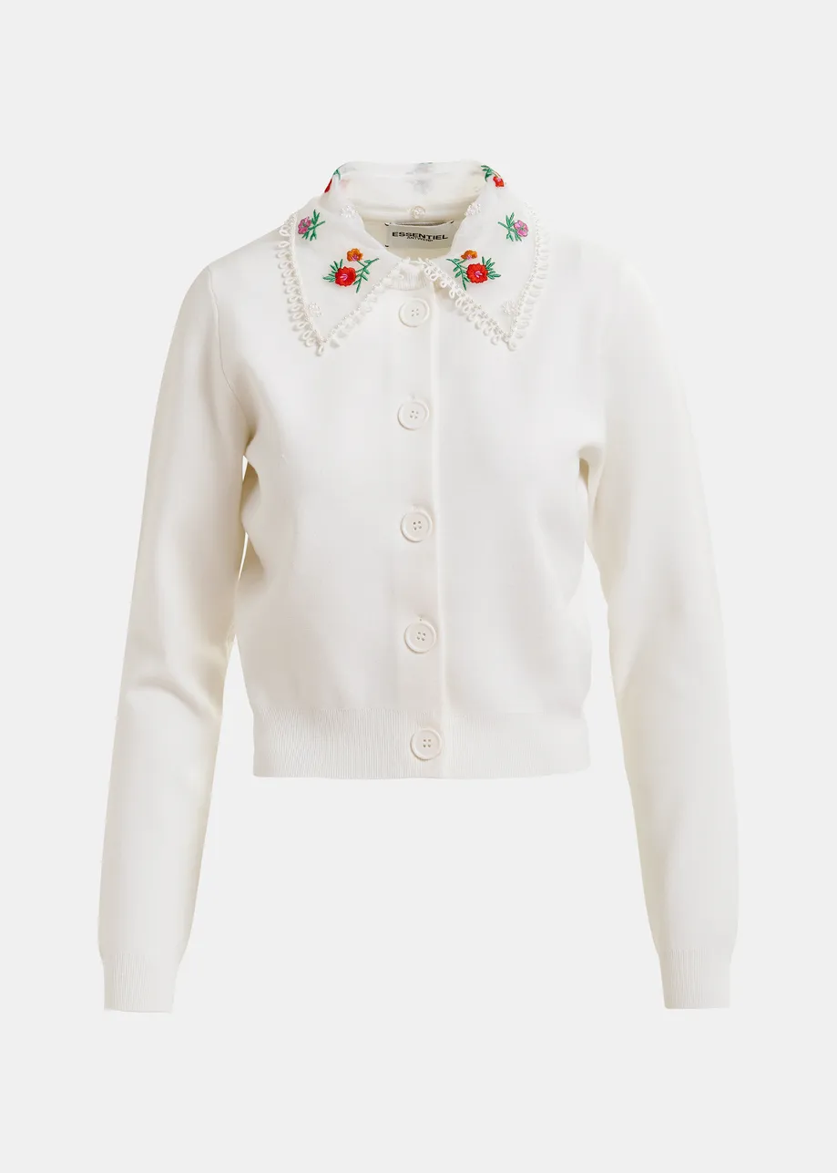 White, red and green cardigan with embroidered lace collar