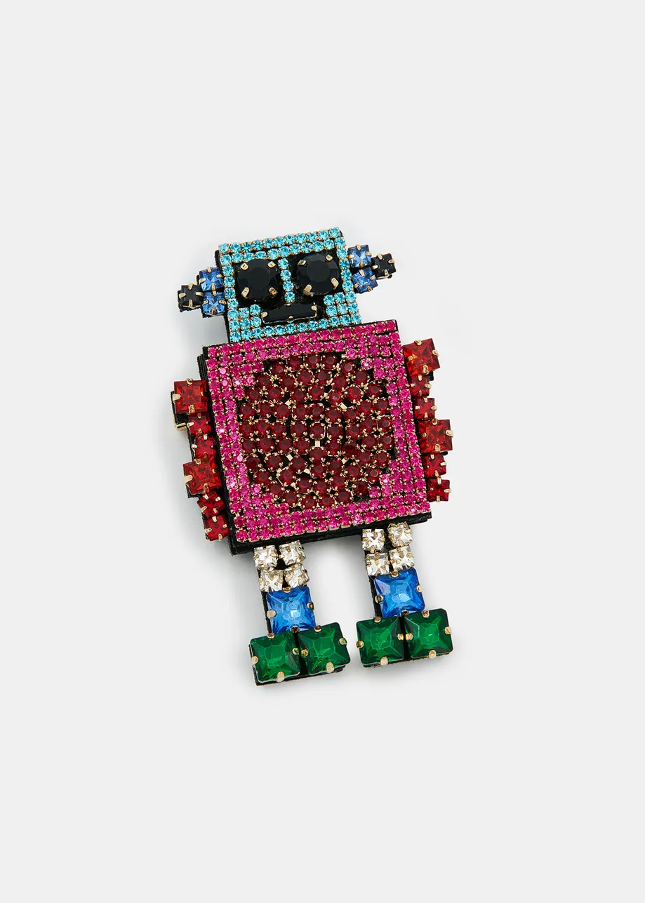 Broche robot de strass, rosa, rojo y azul