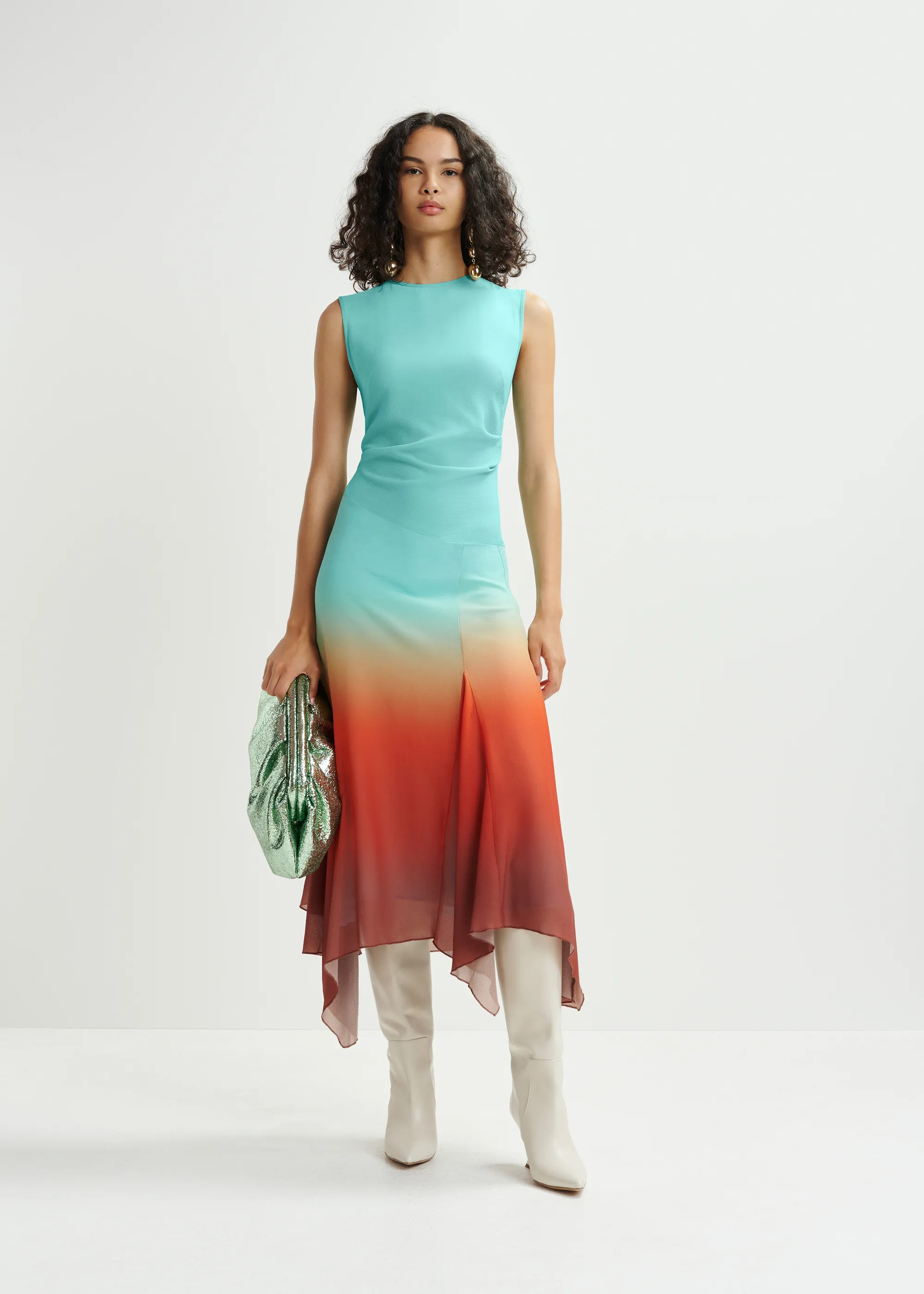 Light blue and burned orange tie-dye print midi dress Essentiel