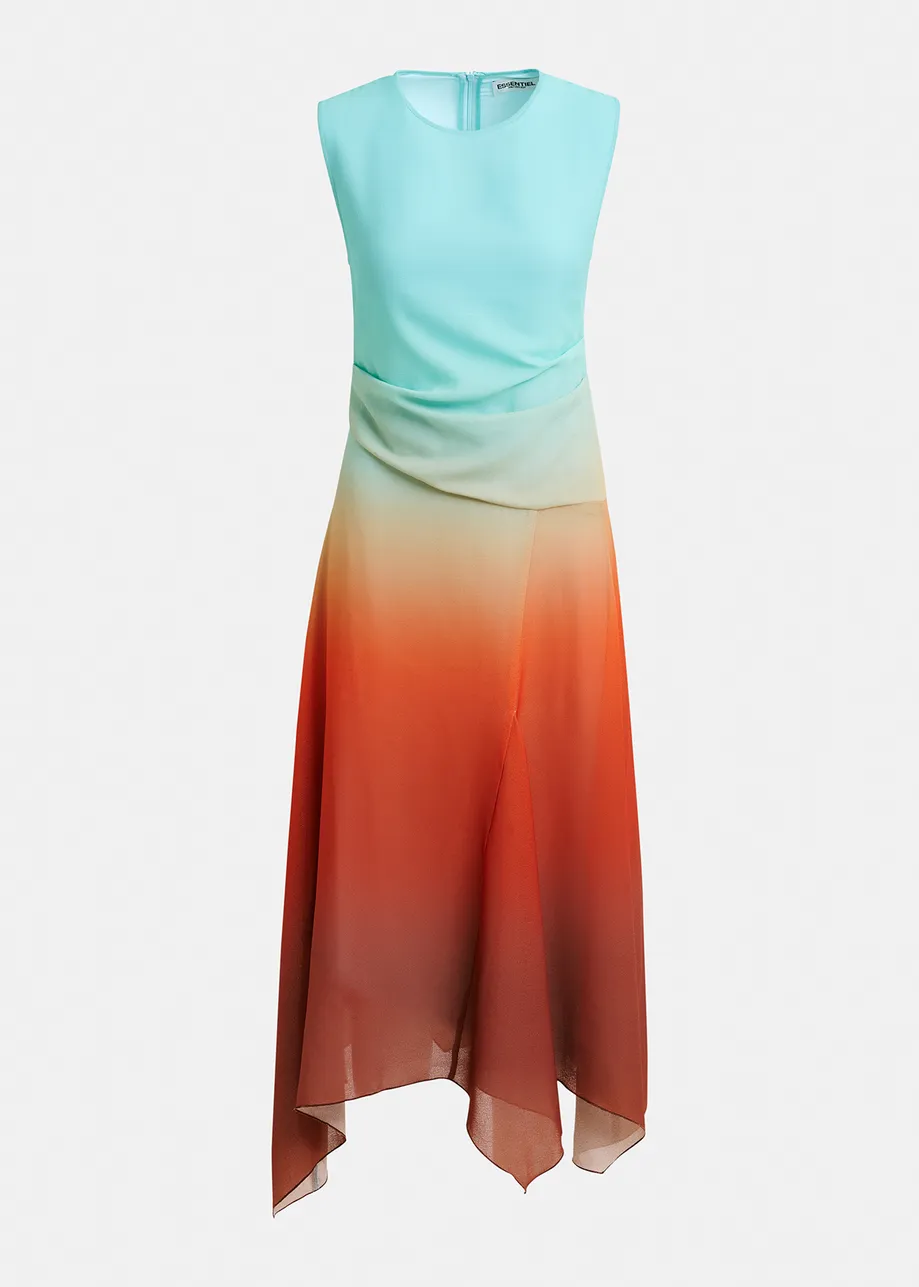 Light blue and burned orange tie-dye print midi dress