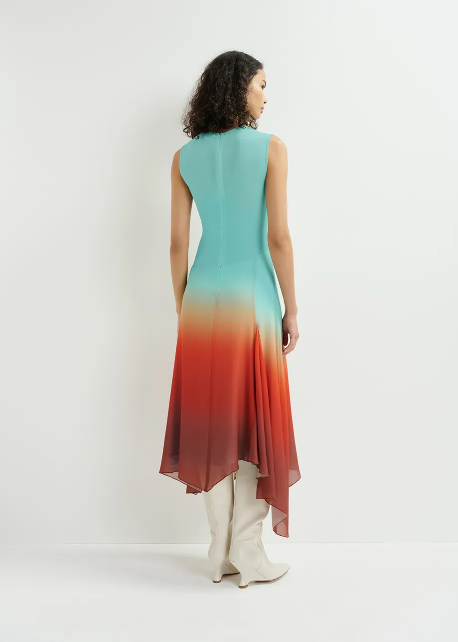 Robe midi asymétrique à imprimé tie-dye bleu clair et orange brûlé