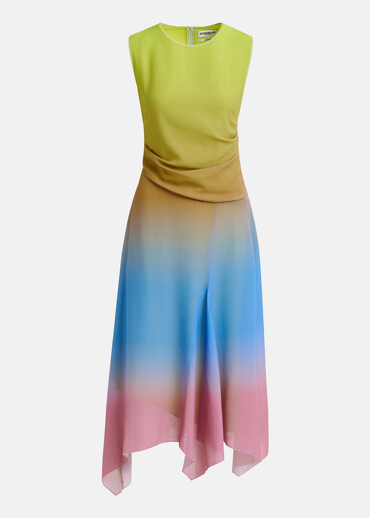 Gele, blauwe en oudroze midi-jurk met tie-dyeprint