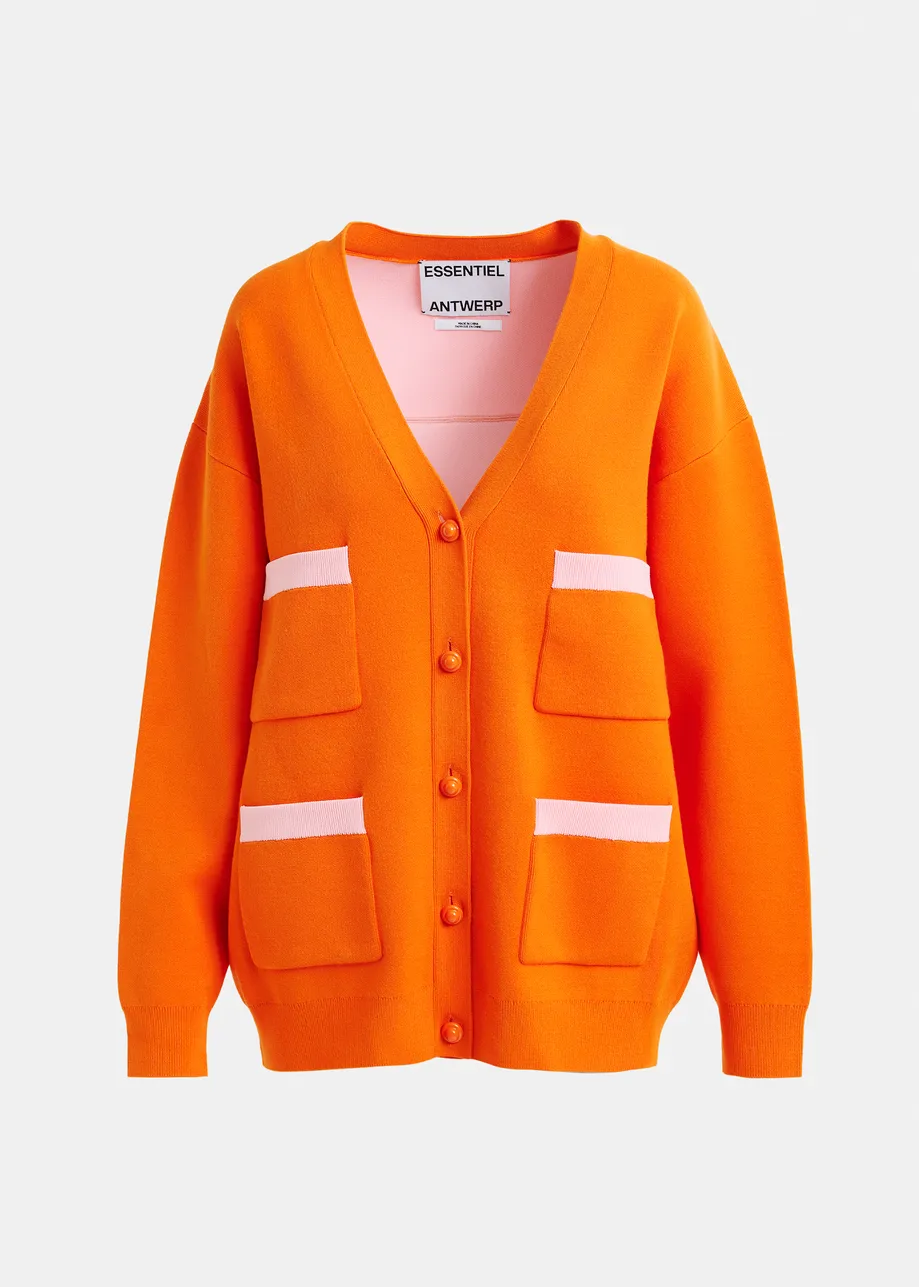 Oranje en roze cardigan met contrastboorden