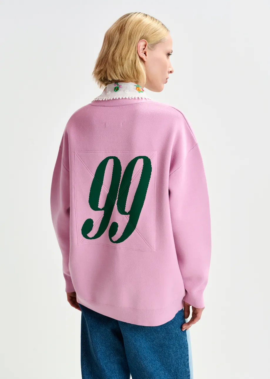 Cardigan in maglia lilla e verde scuro con finiture a contrasto