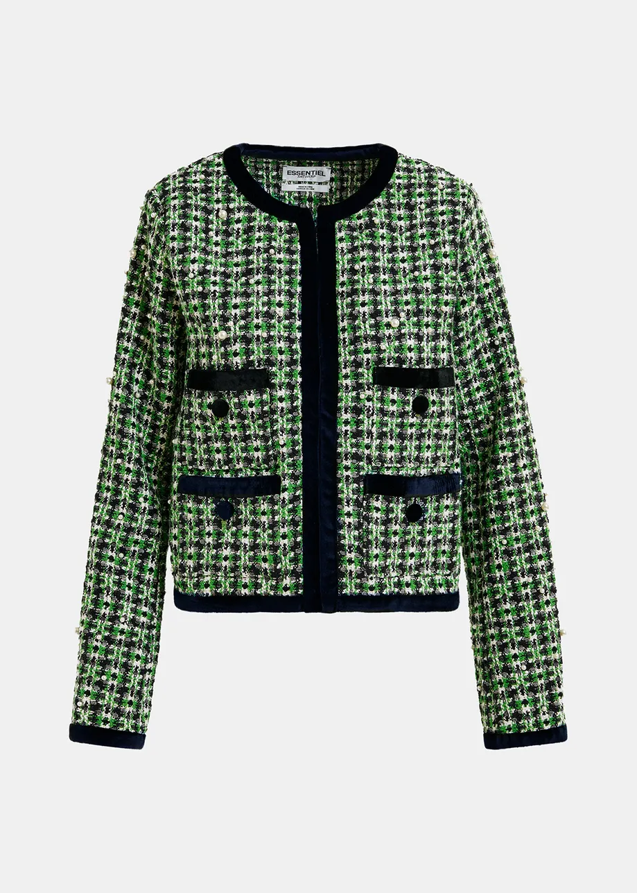 Chaqueta de tweed con adornos de perlas, verde, negro y blanco