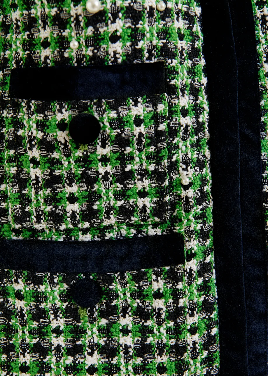 Green, black and white tweed jacket with pearl embellishments