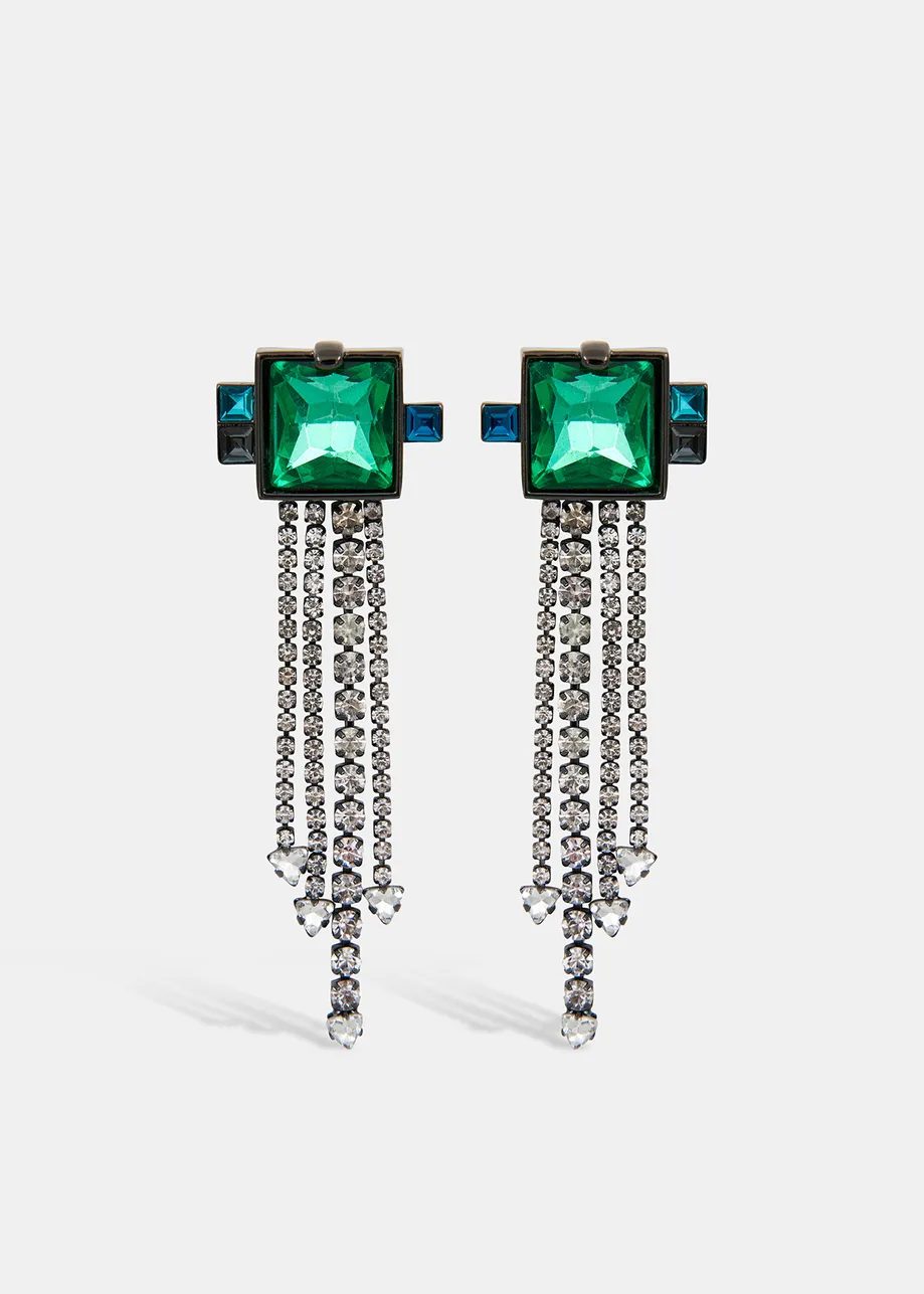 Green, blue and silver long rhinestone earrings