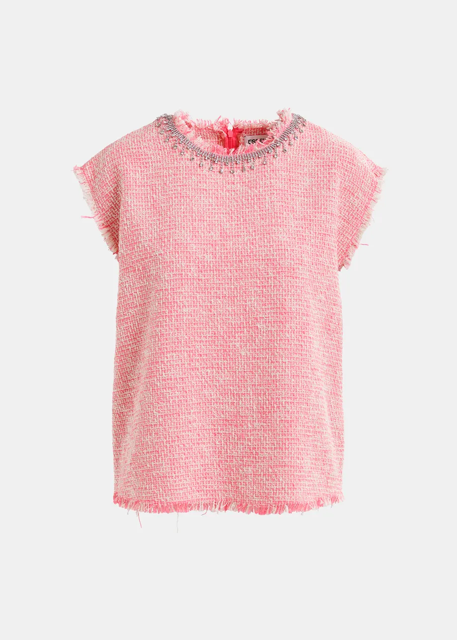 Top senza maniche rosa, bianco e argento con scollo impreziosito da paillettes