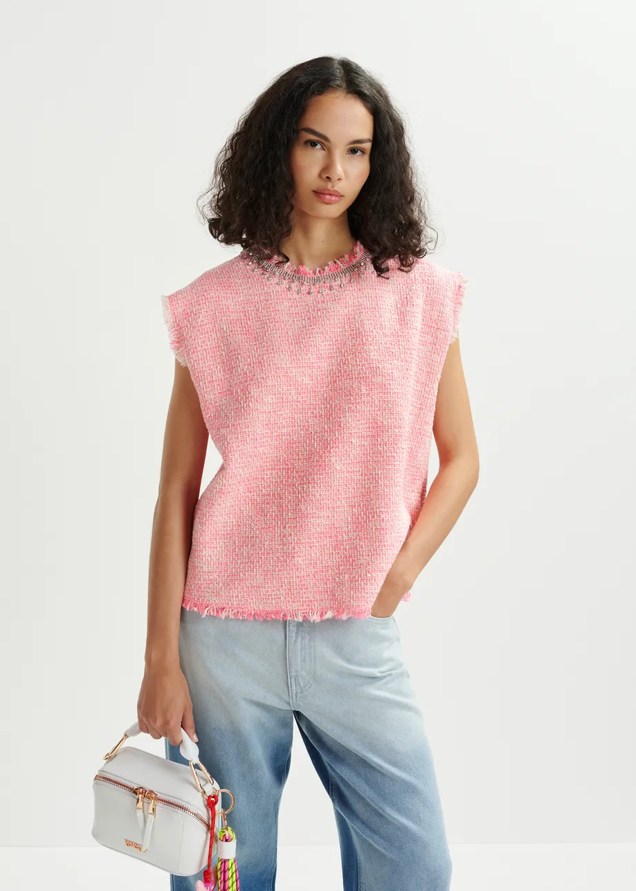 Pink, white and silvers sleeveless top with sequin embellished neckline