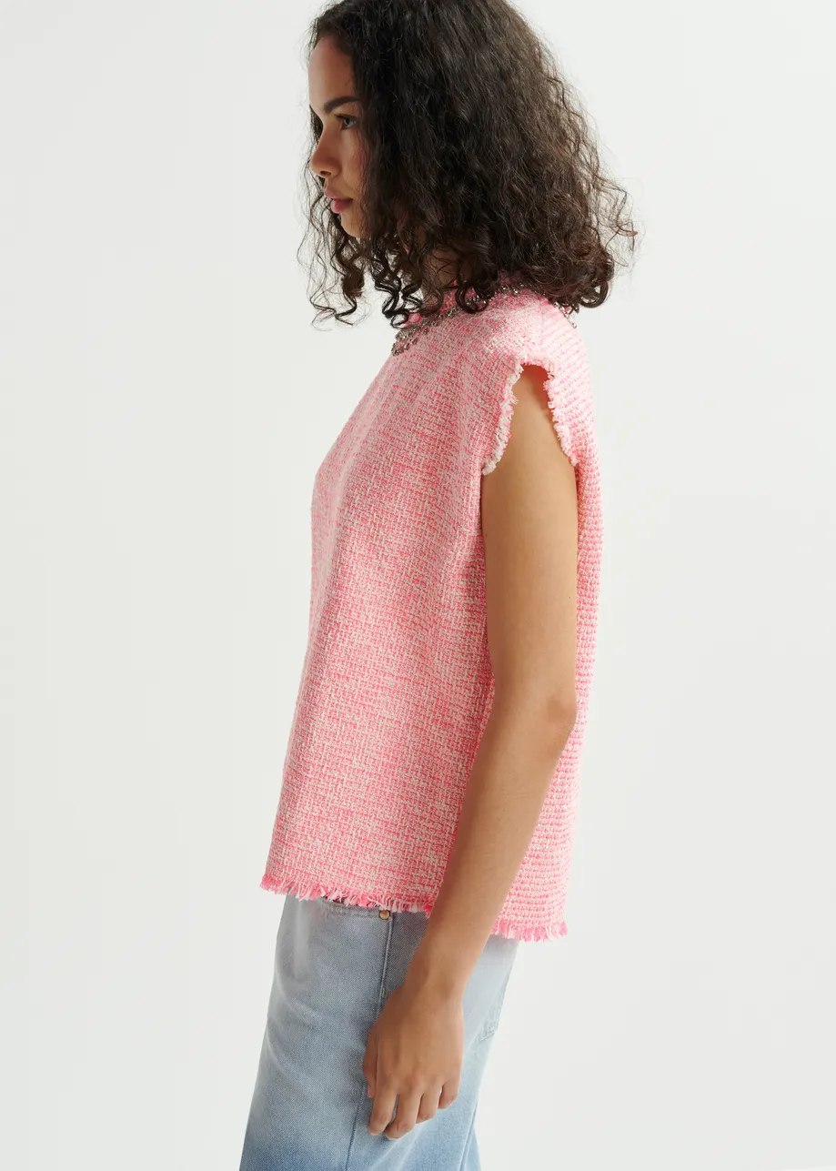 Pink, white and silvers sleeveless top with sequin embellished neckline