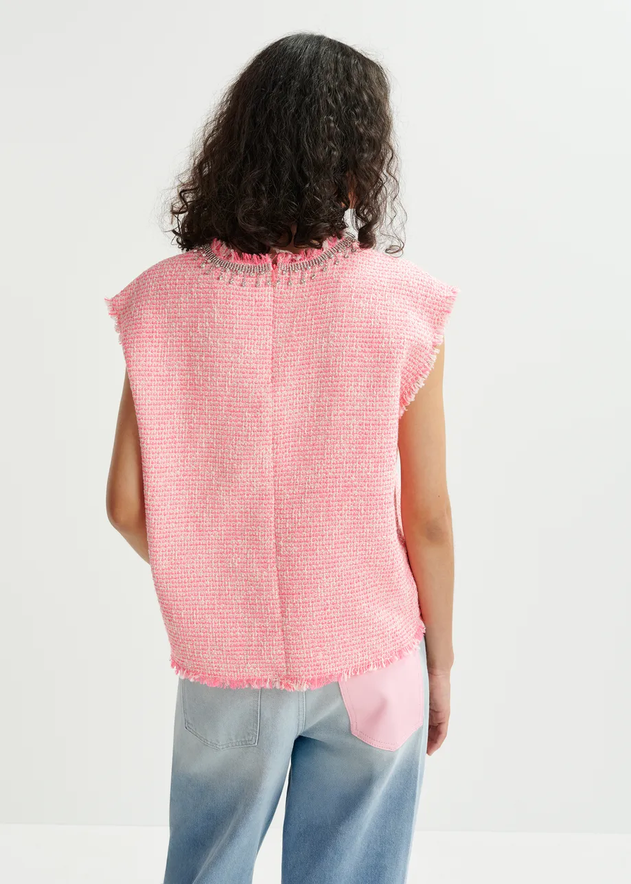 Pink, white and silvers sleeveless top with sequin embellished neckline