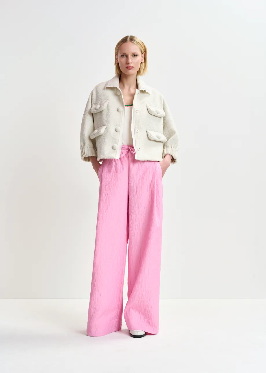 Pink floral-jacquard wide-leg pants