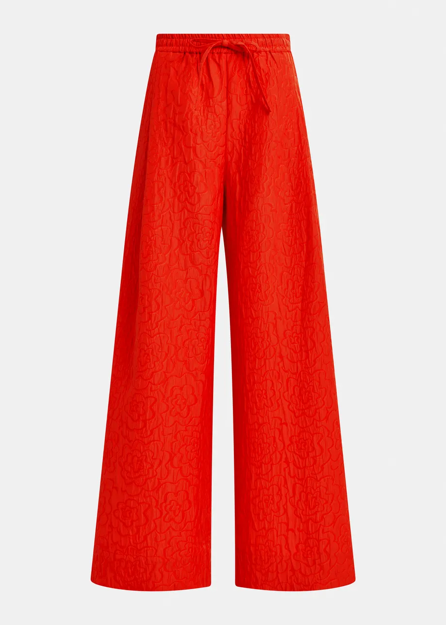 Burned orange floral-jacquard wide-leg pants