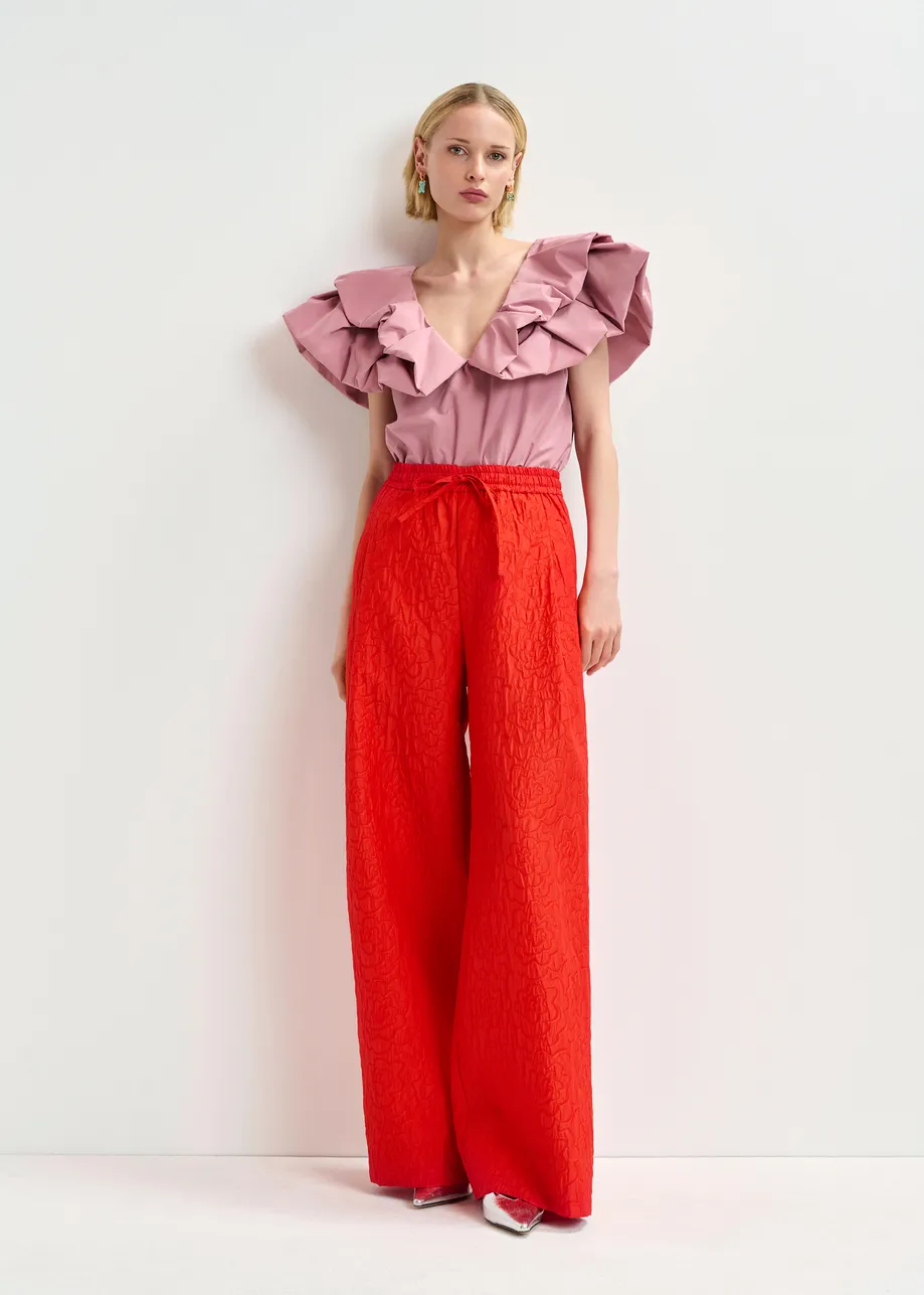 Burned orange floral-jacquard wide-leg pants