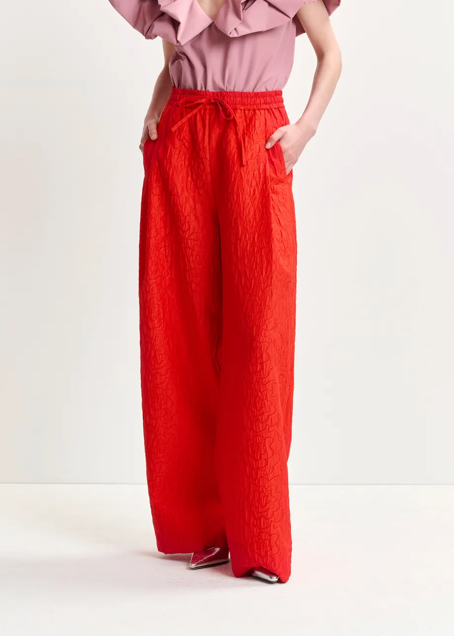 Burned orange floral-jacquard wide-leg pants