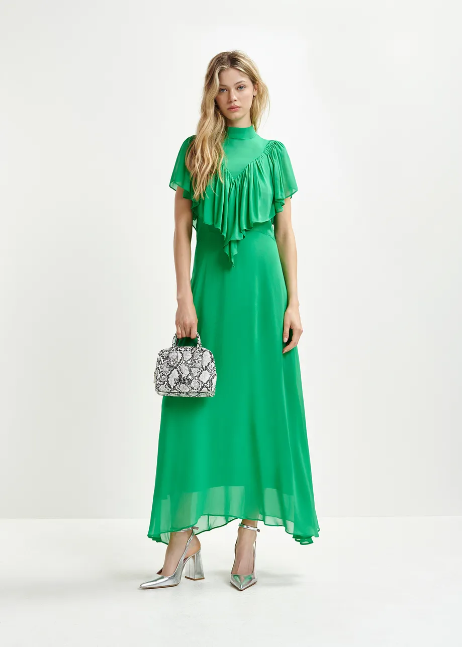 Green asymetrical midi dress with ruffle details