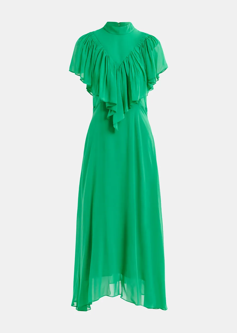 Green asymetrical midi dress with ruffle details