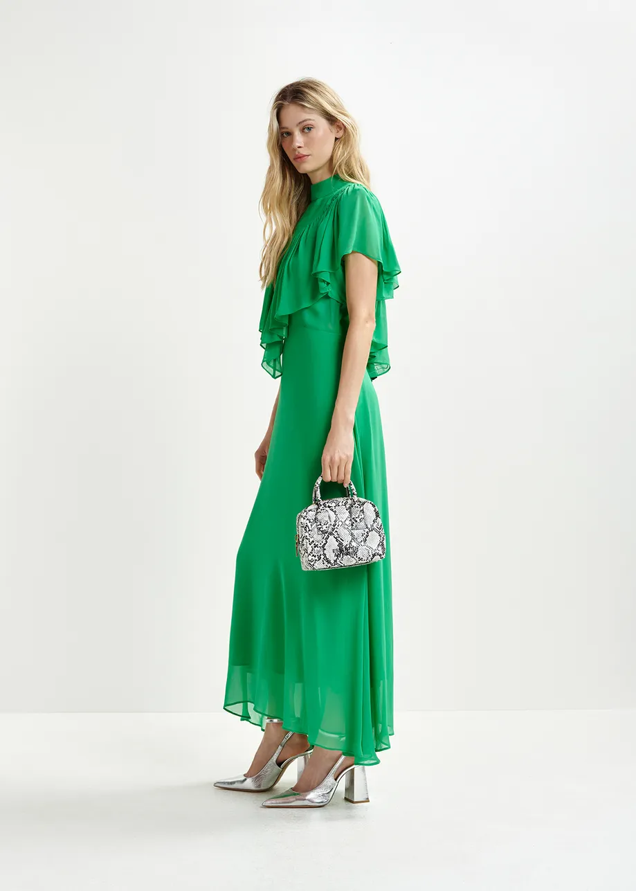 Green asymetrical midi dress with ruffle details