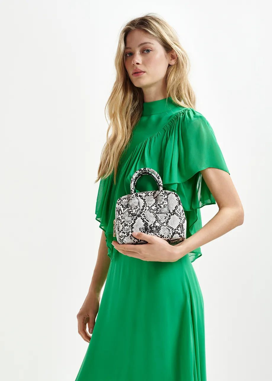 Green asymetrical midi dress with ruffle details