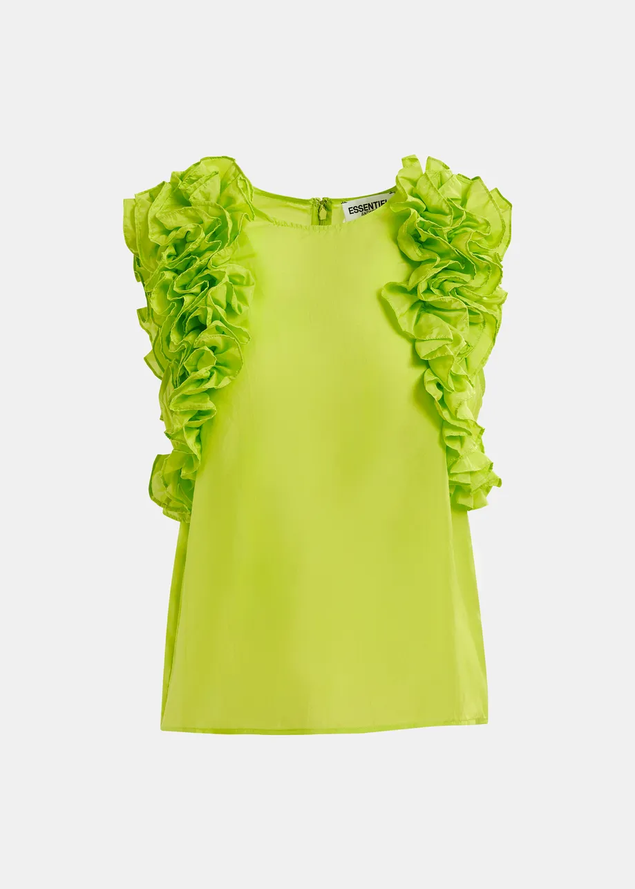 Top in seta verde lime senza maniche con volant