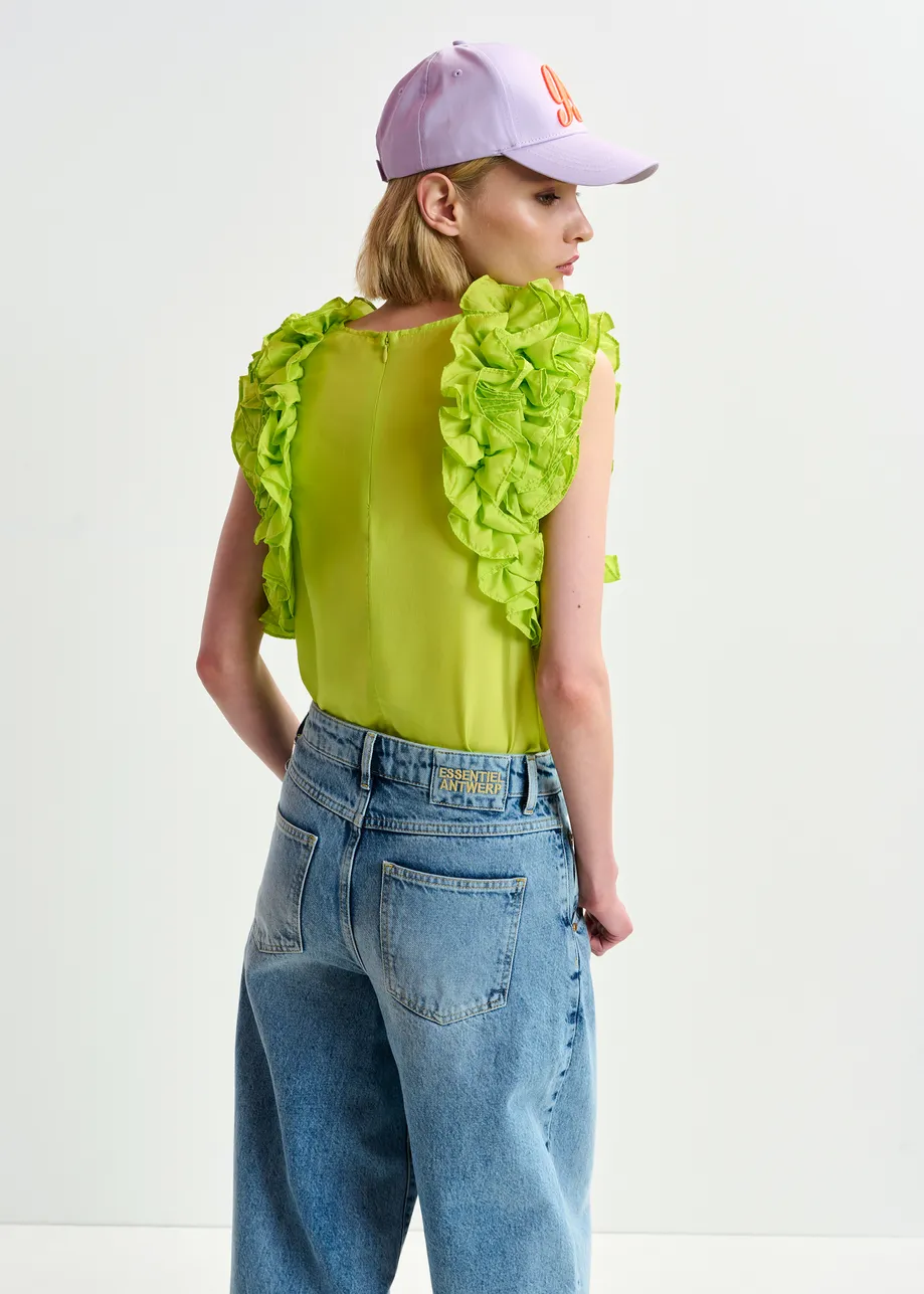 Top in seta verde lime senza maniche con volant