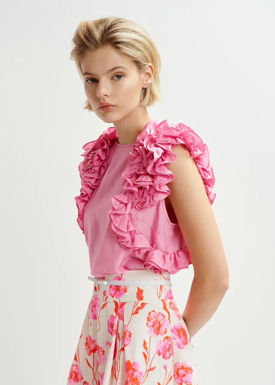 Pink silk sleeveless top with ruffles