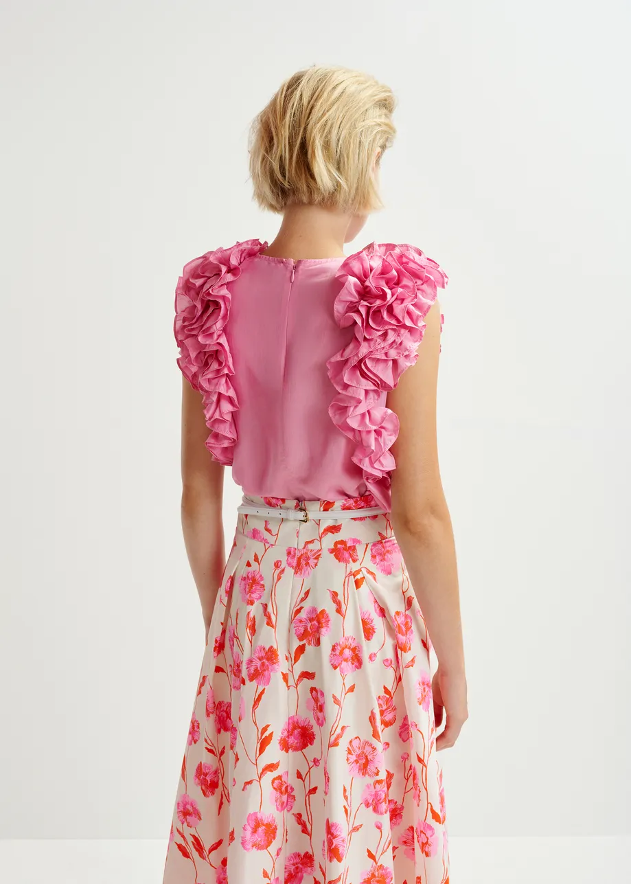 Pink silk sleeveless top with ruffles