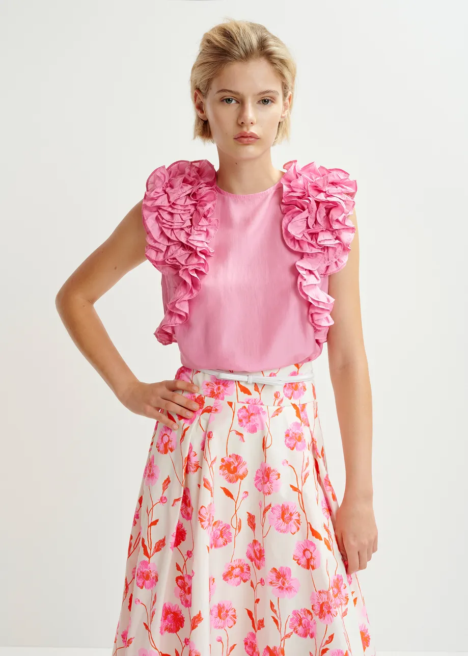 Pink silk sleeveless top with ruffles