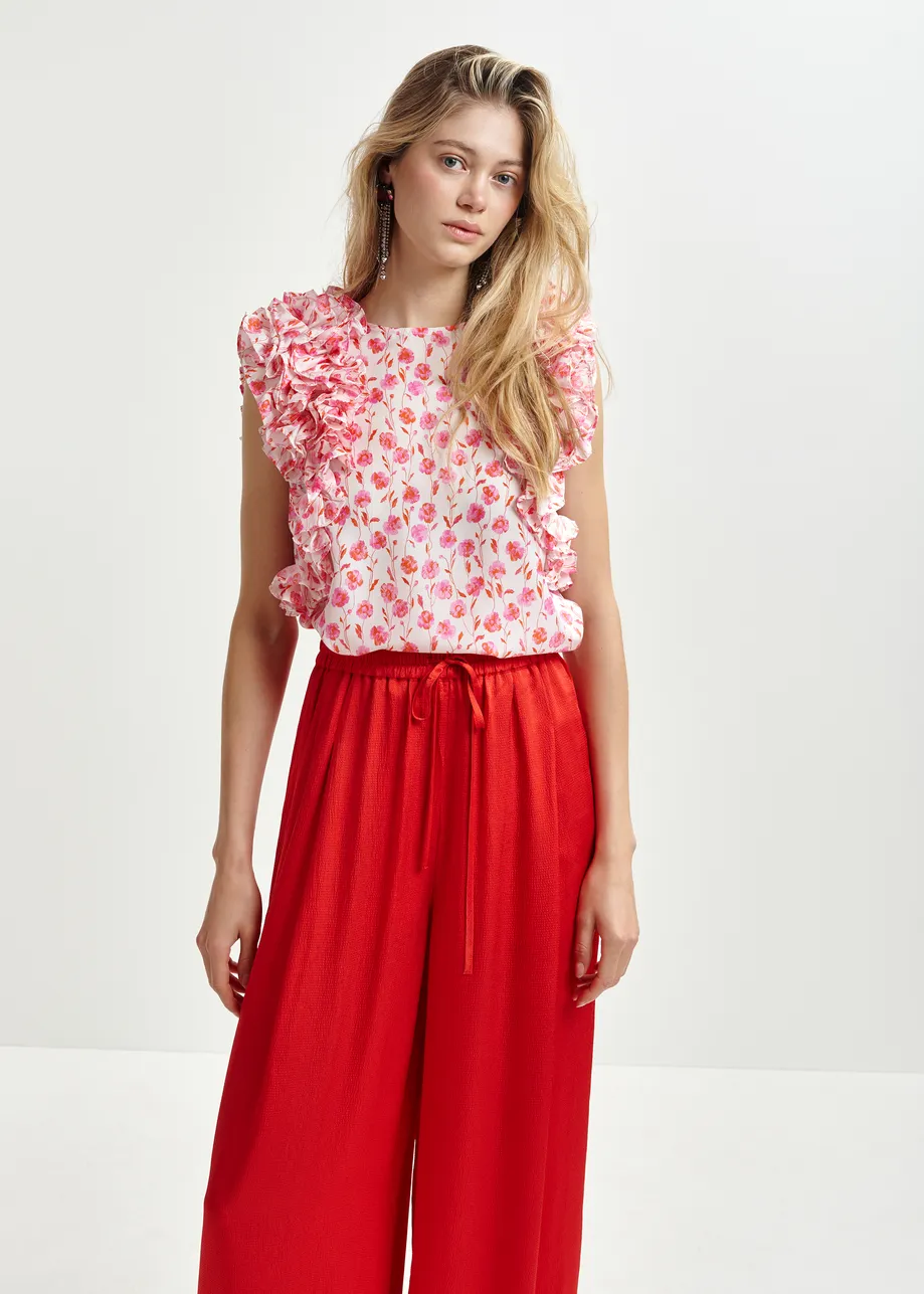 Off-white and pink silk sleeveless top with ruffles