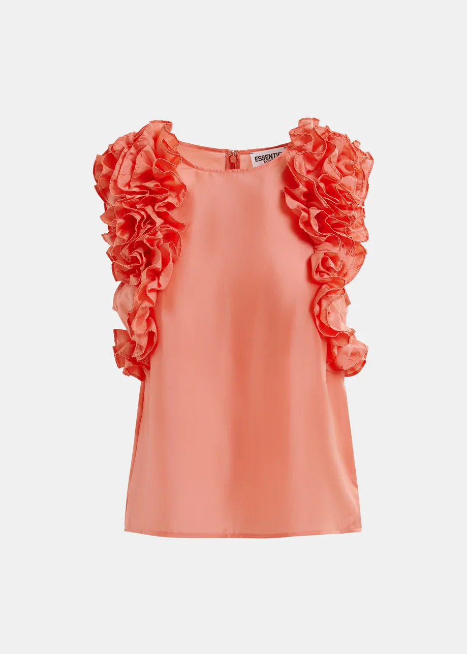 Coral silk sleeveless top with ruffles