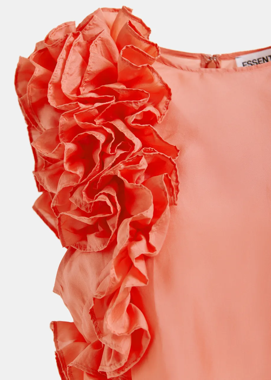 Coral silk sleeveless top with ruffles