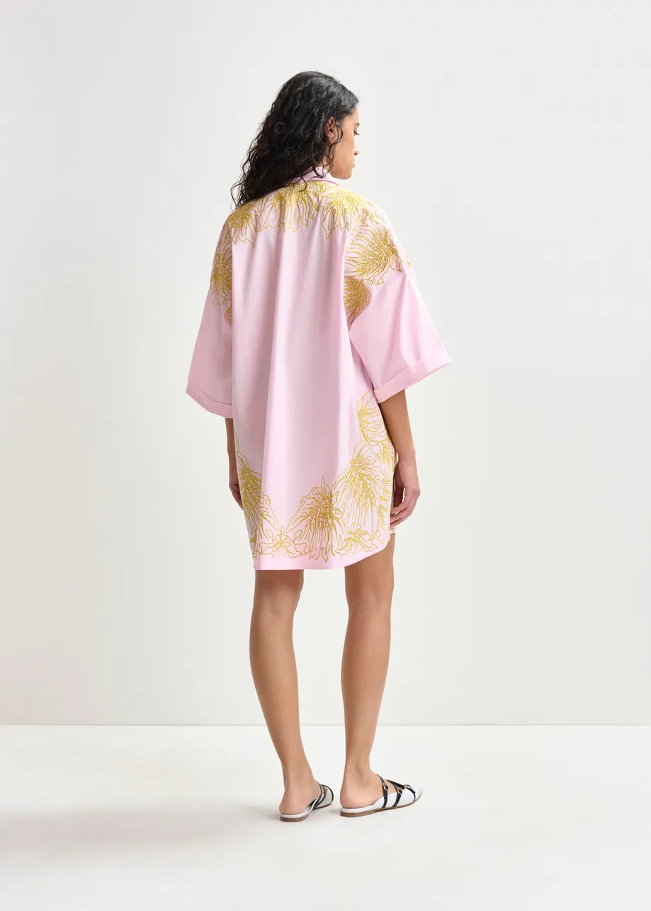 Hellrosa und goldfarbenes Baumwoll-Mini-Hemdkleid mit Blumenstickerei