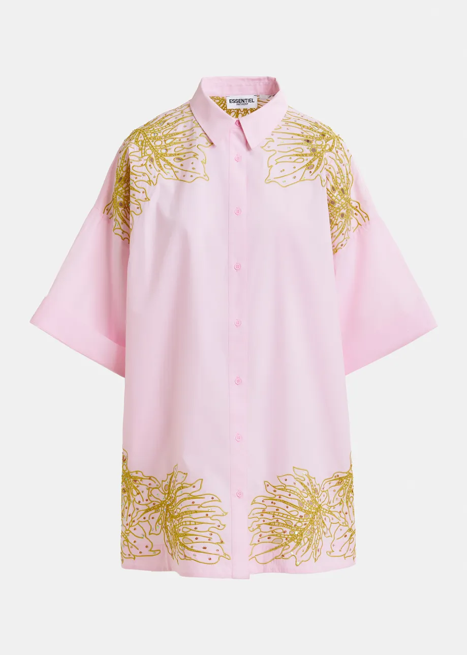 Vestido corto camisero de algodón con bordado floral, rosa claro y dorado