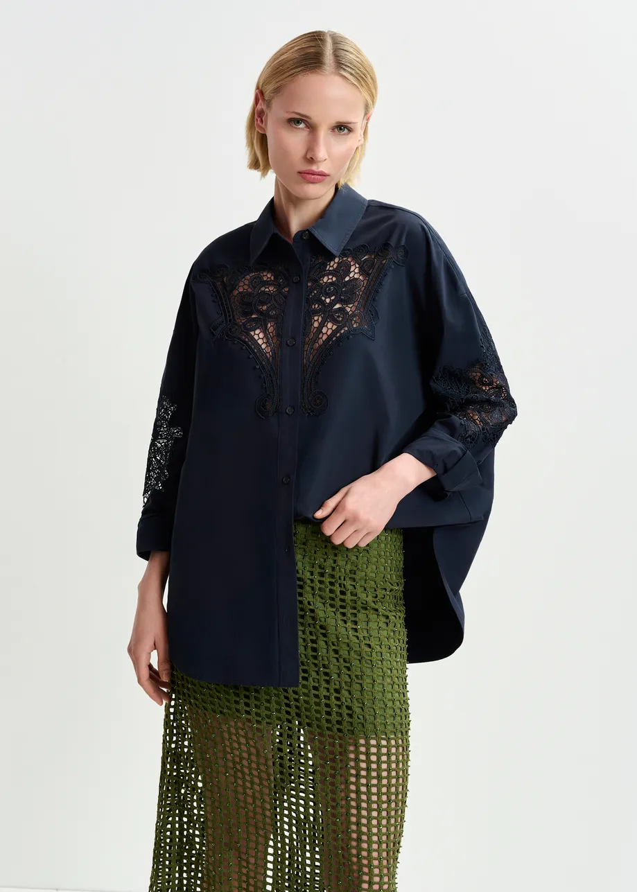 Dark blue cotton shirt with embroideries