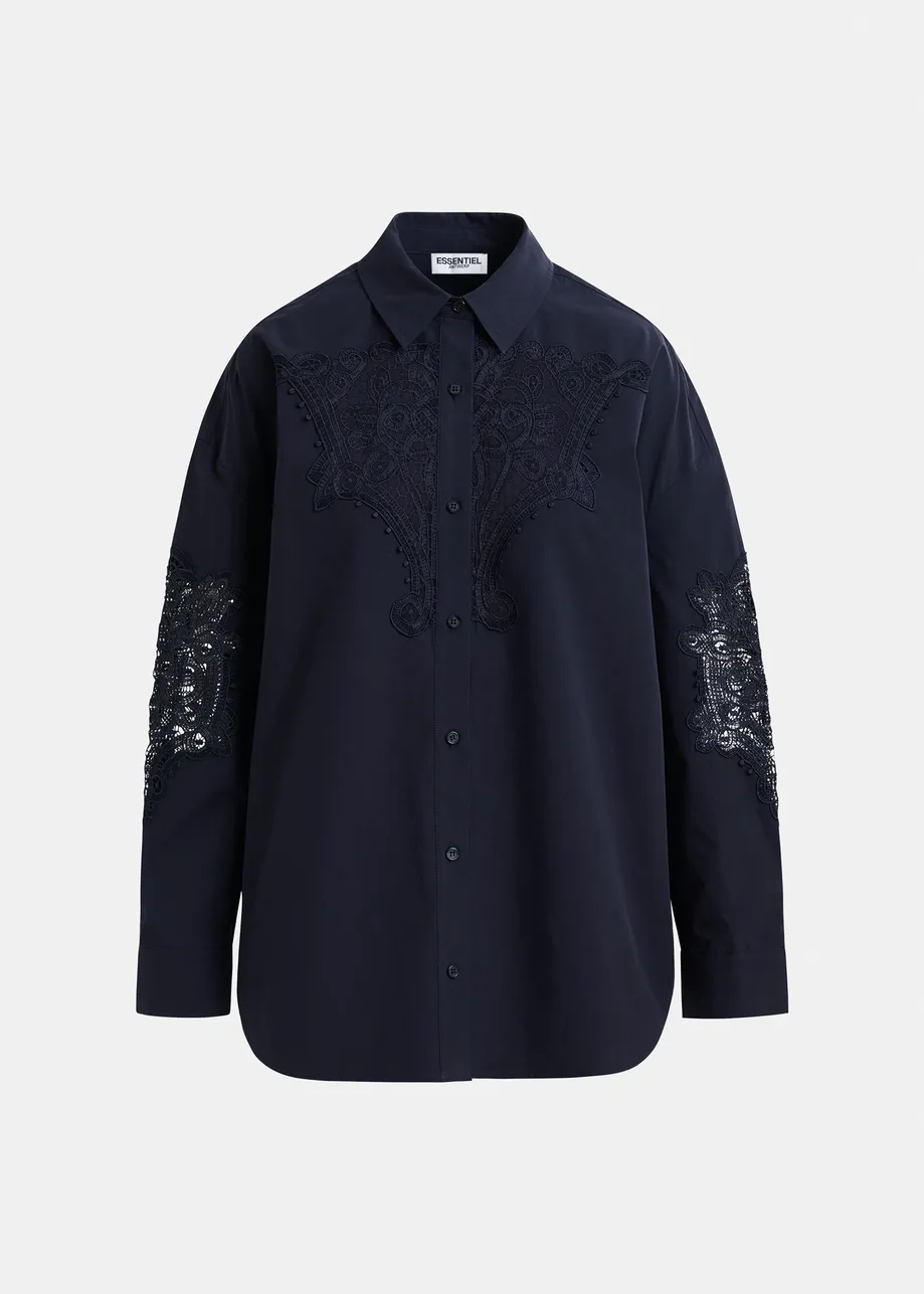 Chemise en coton bleu foncé à broderies