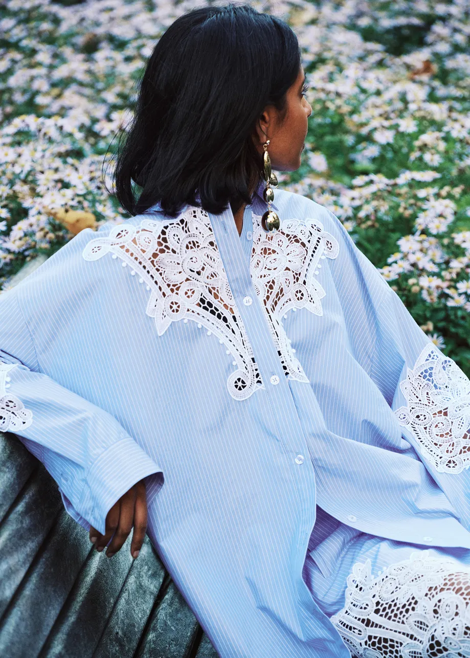 Blue and white cotton shirt with embroideries