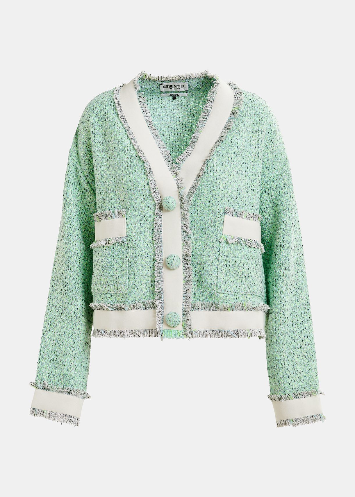 Korte muntgroene, witte en grijze cardigan in tweed