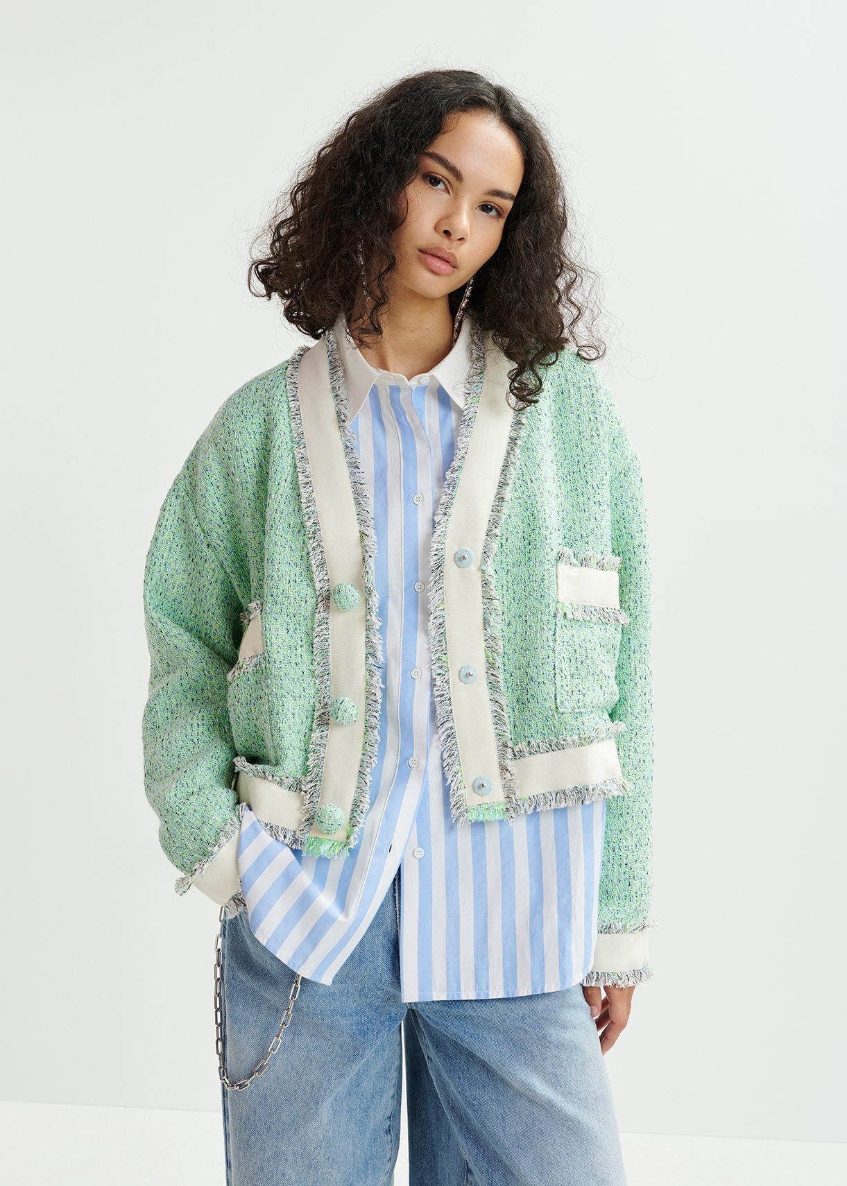 Mint green, white and grey cropped tweed cardigan | Essentiel