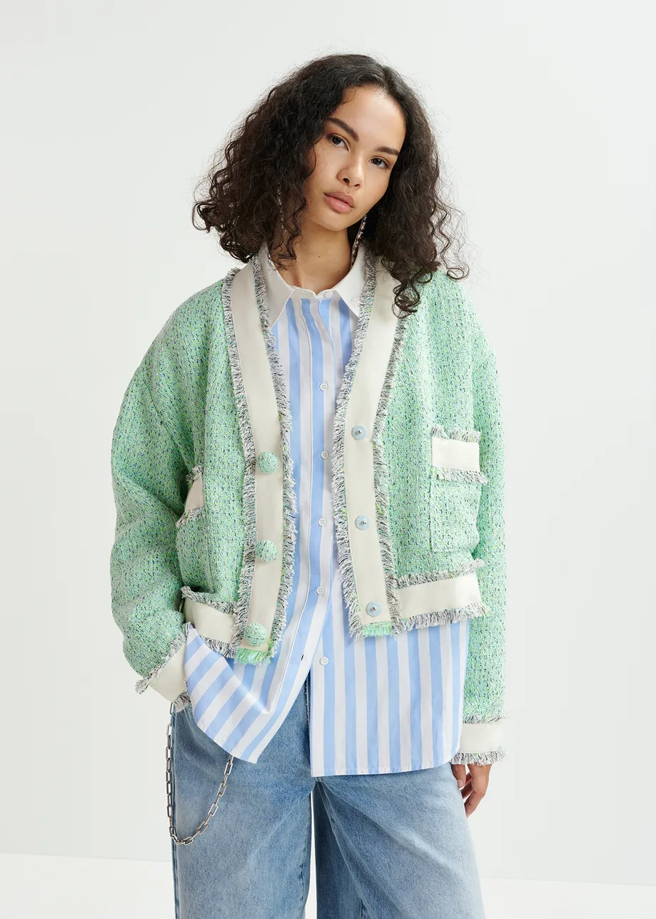 Gilet court en tweed vert menthe, blanc et gris