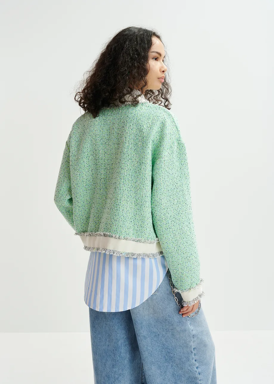 Korte muntgroene, witte en grijze cardigan in tweed