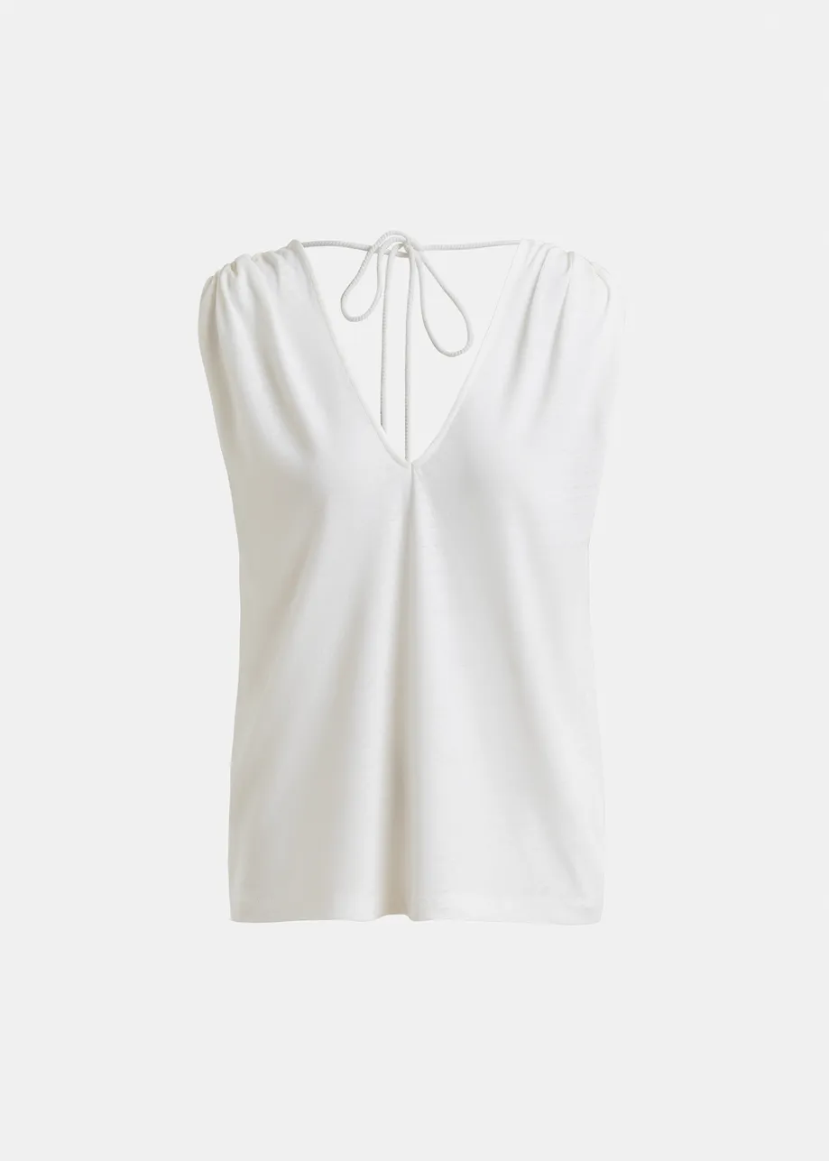 Off-white sleeveless cotton-linen blend T-shirt