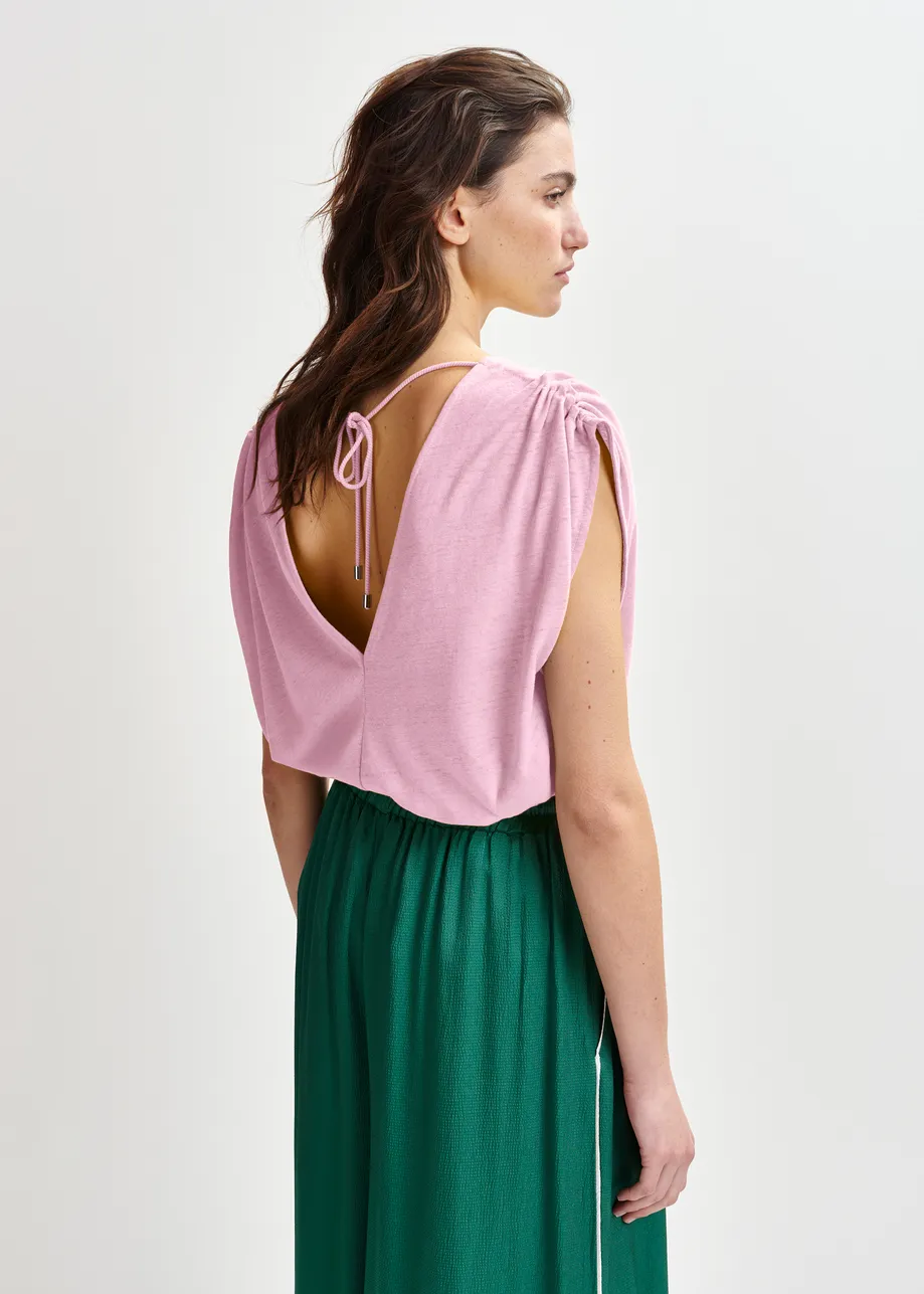 Light pink sleeveless cotton-linen blend T-shirt