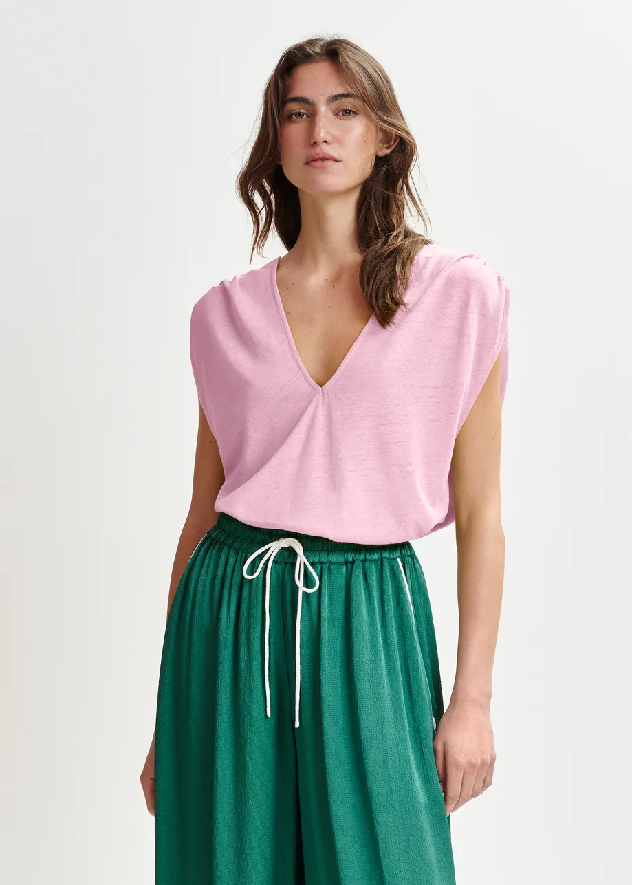 Light pink sleeveless cotton-linen blend T-shirt