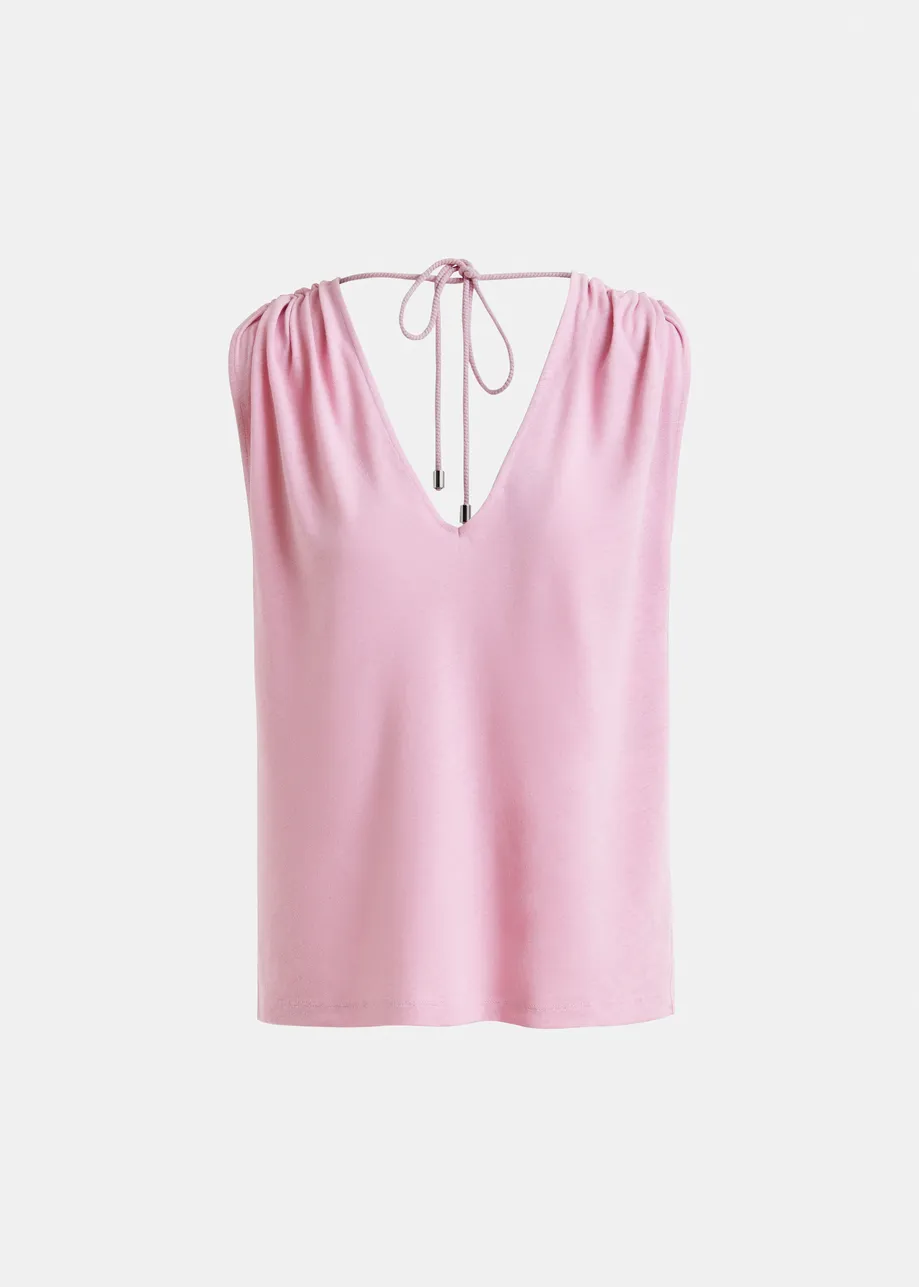 Light pink sleeveless cotton-linen blend T-shirt