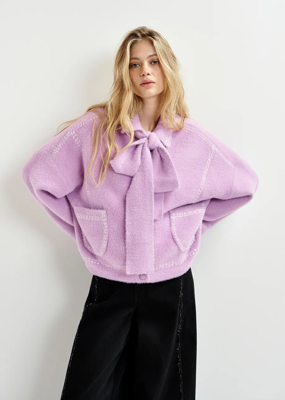 Lilac knit with contrasting stitching and self-fabric scarf